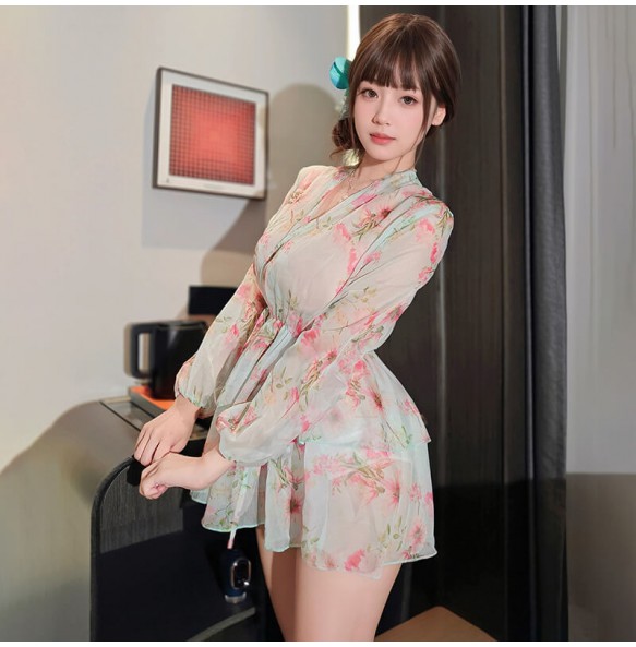 FEE ET MOI - French V-Neck Tie Print Dress (Green)